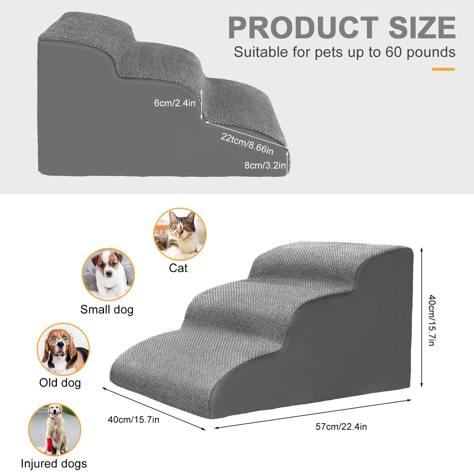 Lannvan Escalier pour Chien à 3 Marches - Escaliers pour Animaux en Éponge pour Canapé et Lit - Rampe pour Chien Chat avec Housse en Tissu Amovible et Lavable - Envoyer Rouleau Poils Animaux - Gris