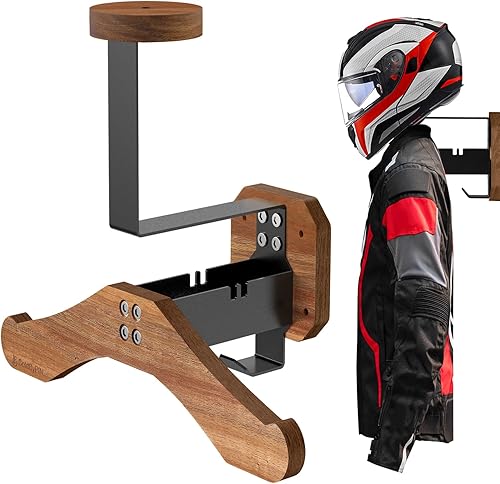 Soporte para casco BoldByPIN - Soporte de pared para casco de motocicleta, madera maciza y acero resistente, soporte de pared para motocicleta,
