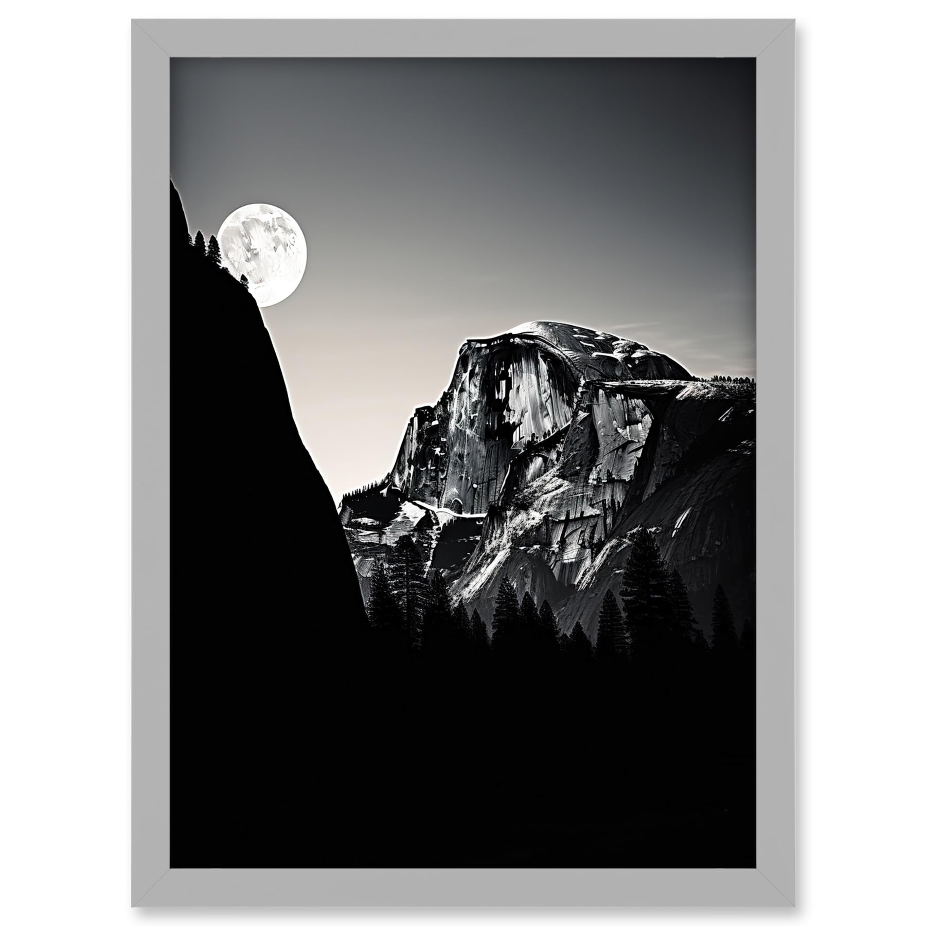 Moonrise by Half Dome in Yosemite National Park High Contrast Black White Photograph Full Moon and Mountain Forest Landscape Artwork Framed A3 Wall Art Print