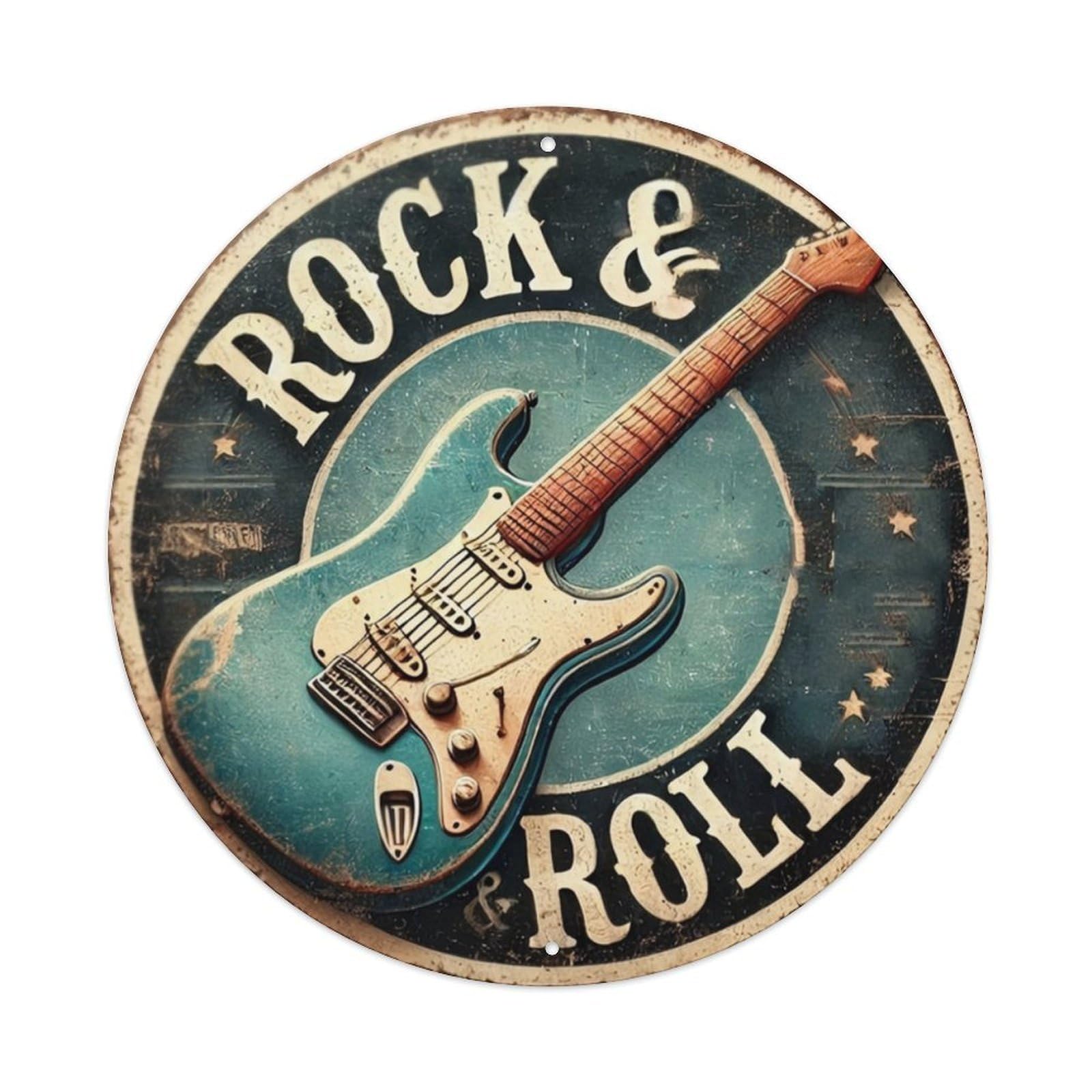 Vintage Rock & Roll Blue Guitar Round Metal Sign Vintage Aluminium Metal Sign, Retro Wall Decor for Home, Bar, Garage & Farmhouse 20x20cm