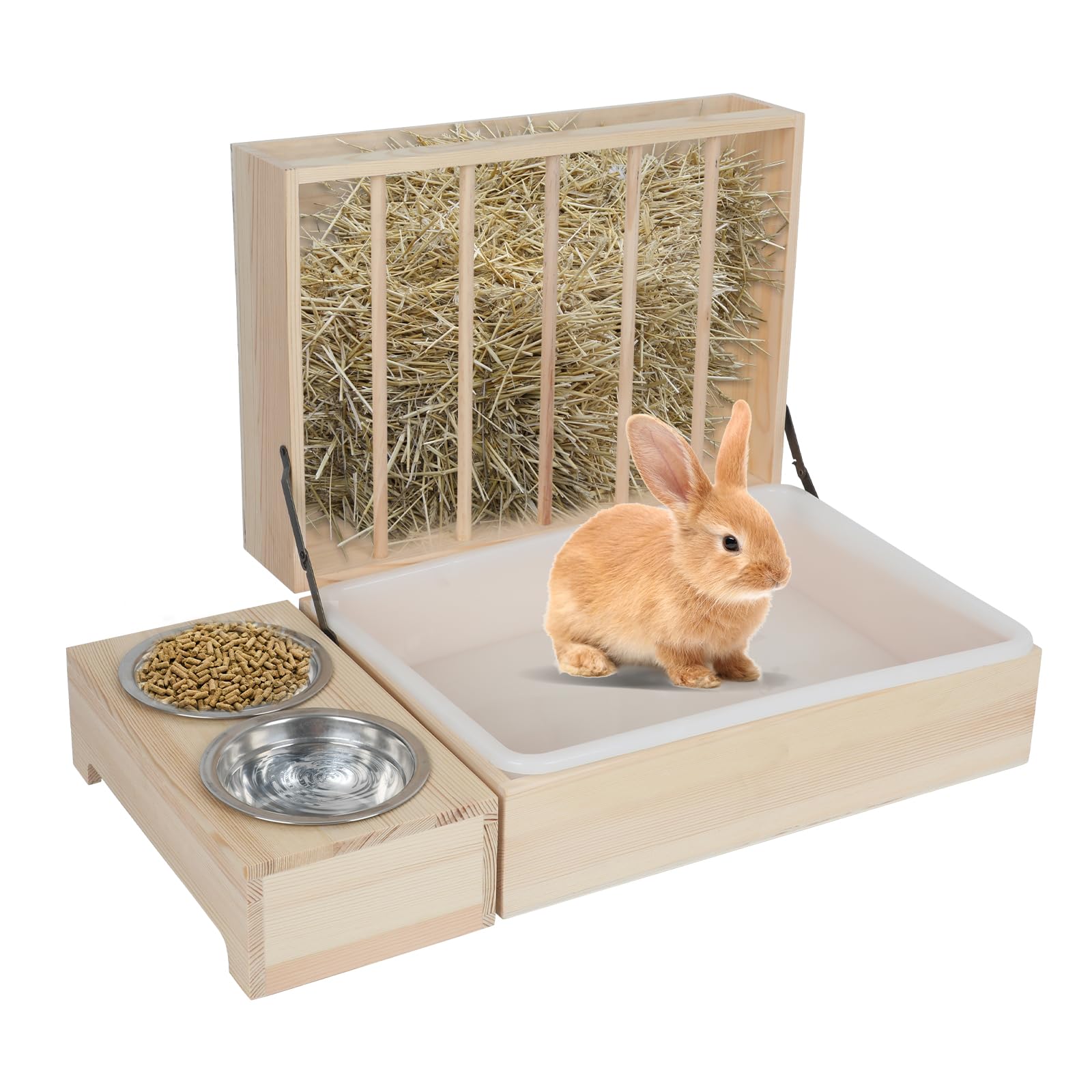 AQQHSAIN 3 in 1 Rabbit Hay Feeder with Litter Box Wooden Rabbit Litter Box Bunny Hay Feeder with Toilet and Bowls Animal Hay Holder Rack for Guinea Pig, Chinchillas, Hamster, Ferret