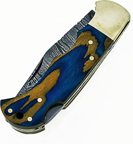 Miniatura 7 de Cuchillo plegable hecho a mano de acero de Damasco/cuchillo de bolsillo SS-17483 (madera de color azul y amarillo)