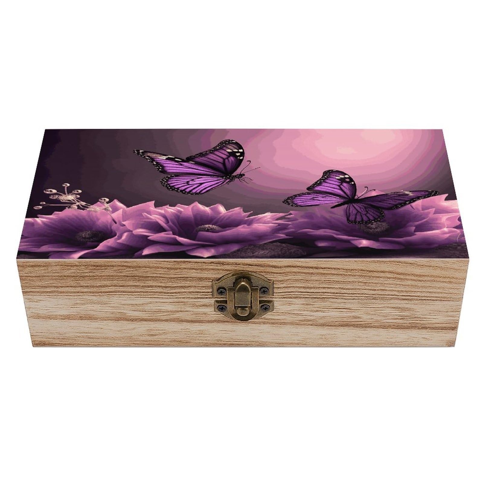 Btcowzrv Style 3D Flowers And Purple Butterfly Wooden Storage Box, Keepsake Box With Hinged And Retro Lock, Wood Jewelry Organizer For Photos & Mementos And Home Decor