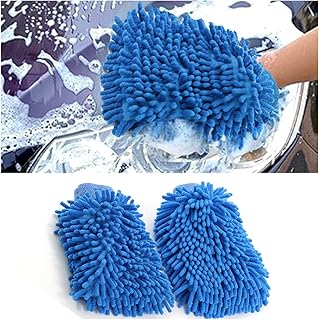 JNNJ 2 PCS Autowaschhandschuh, Mikrofaser Waschhandschuh Auto, Außen Zottel-Waschhandschuh für Professionelle Autopflege - 100% kratzfrei & schonend, Entfernt Mühelos hartnäckigen Schmutz(Blau)