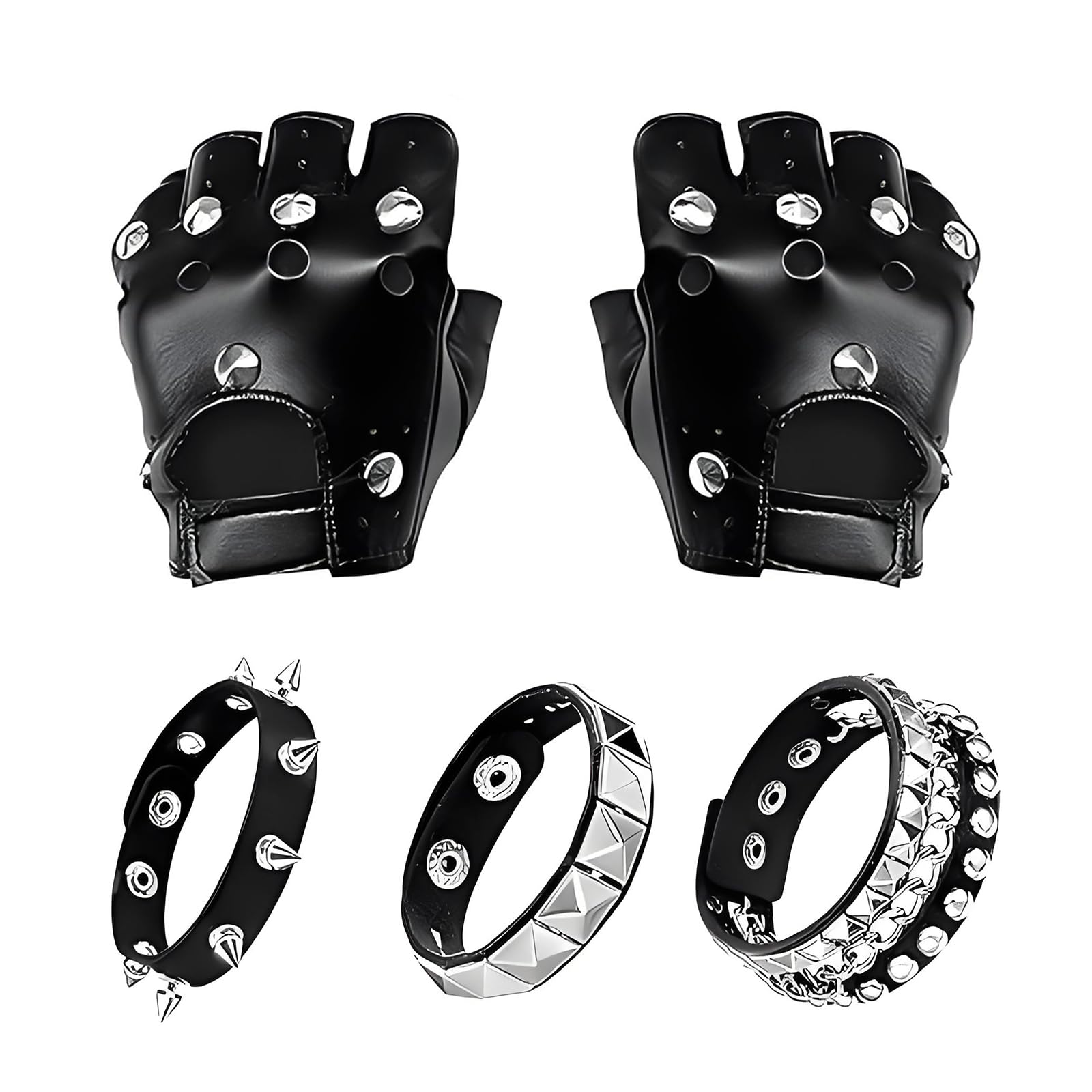 Nocecfi 3PCS Studded Bracelet & Punk Black Fingerless Gloves Set, Gothic Emo Accessories for Men Women, Adjustable Leather Rivet Bracelets Fancy Dress Gloves for Cosplay Concerts Motorcycle Riding