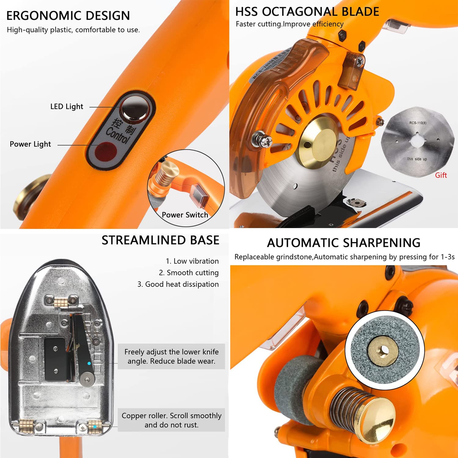 Cortadora rotativa de Tela eléctrica, Tijeras Ajustables, Cuchilla Redonda, máquina cortadora de Cuero, Adecuada con luz LED para Tela Multicapa, 125 °C de Espesor