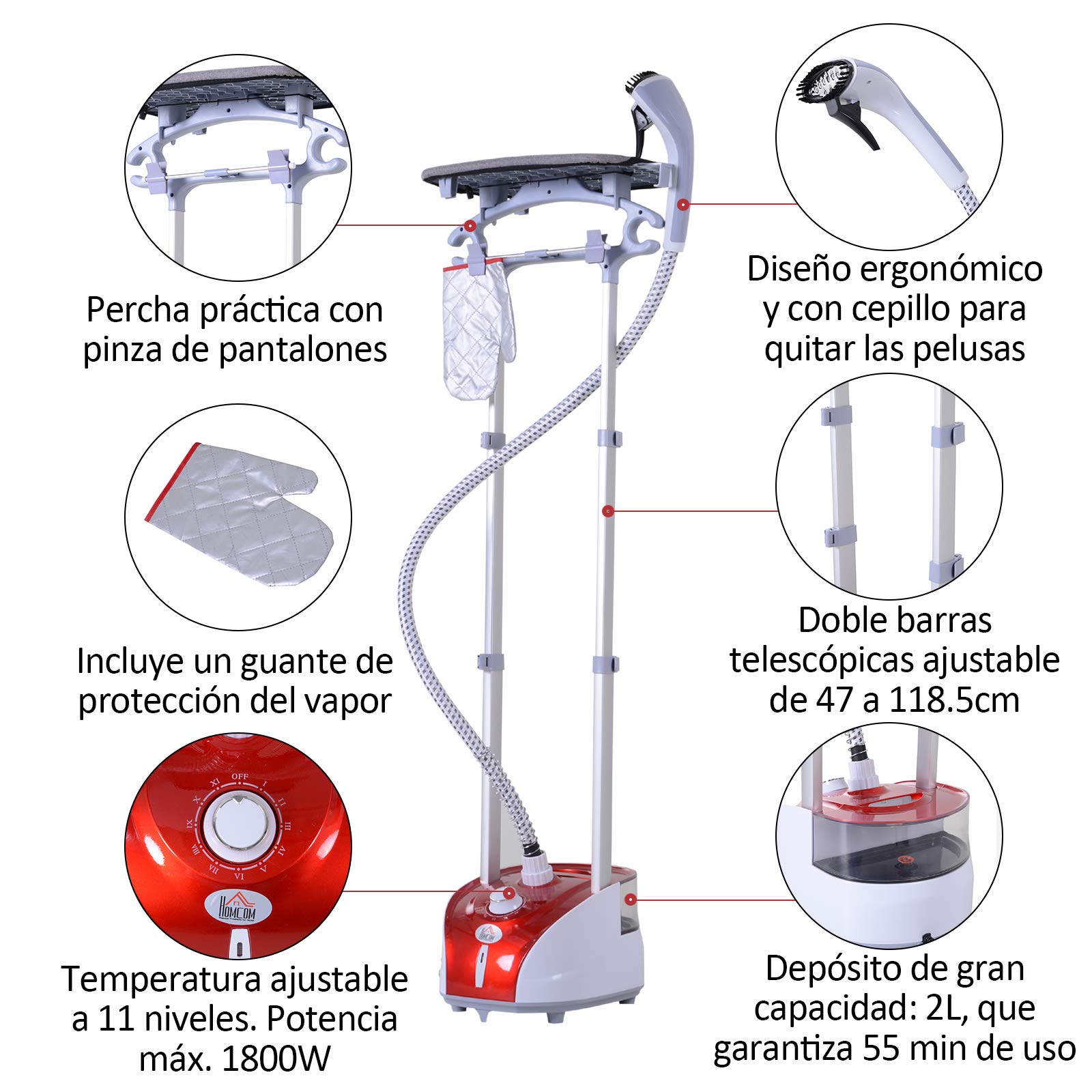 HOMCOM Plancha Vertical Vapor 1950W, Depósito de 2 L, 32g/min, Plancha de Vapor Vertical con Barra Telescópica, Listo en 38s,Colgador de Ropa, Centro de Planchado para Hogar Oficina, Rojo