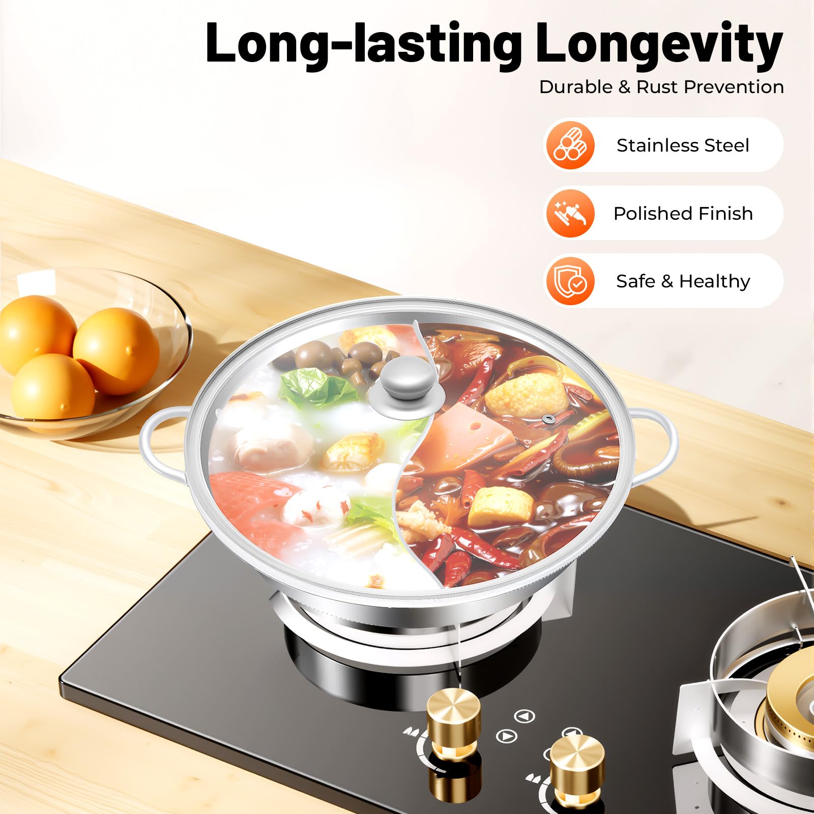 Hot Pot in acciaio inox con divisore, Hotpot padella divisa con divisorio e coperchio in vetro, pentola Dual Hotpot fornello Shabu Shabu, doppio brodo per fornello a gas a induzione (34 cm)