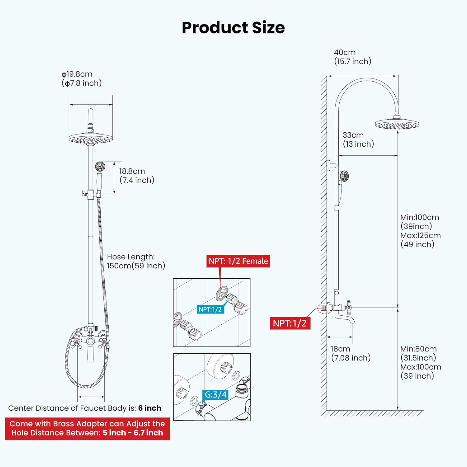 gotonovo Exposed Bathroom Shower Faucet Wall Mounted Shower System 8 Inch Shower Head and Tub Spout Double Cross Handles Adjustable Handheld Sprayer Curved Pipe Antique Brass