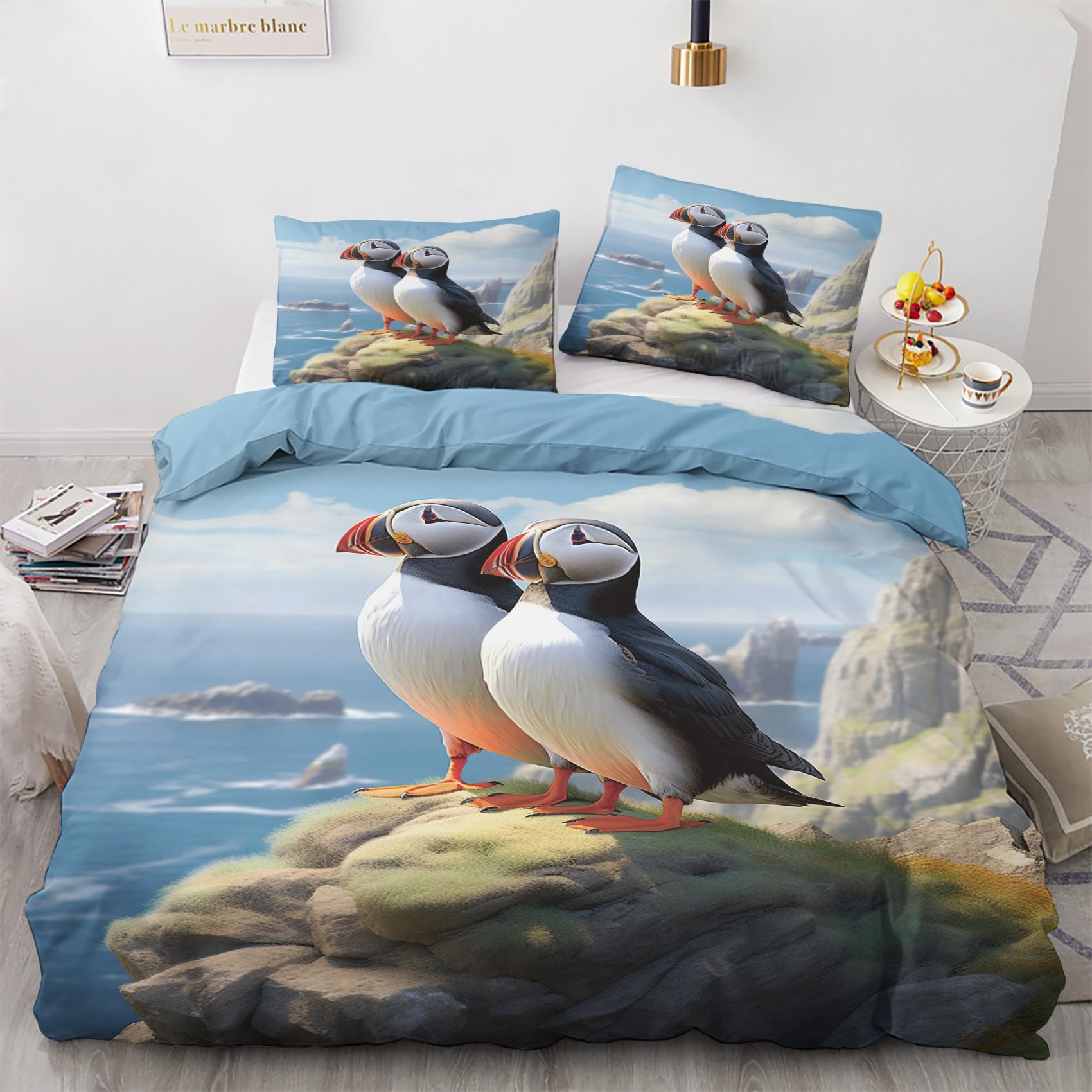 Nogawa Multicolor Puffin Bedding Double - Bird Double Duvet Set - Reversible Quilt Cover & 2 Pillowcases With Zip And Ties, Ultra Soft And Non Iron Brushed Microfibre Bed Set