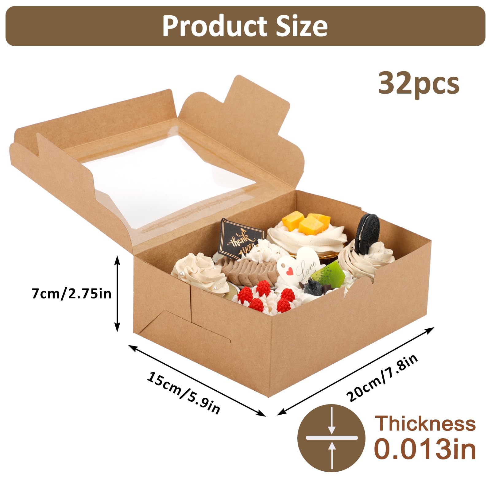Moretoes 32 cajas de galletas para panadería de 20 x 6 x 2.5 pulgadas con ventana de 3 estilos, cajas de pastelería marrones para fresas cubiertas de chocolate, postres, donas, magdalenas, magdalenas
