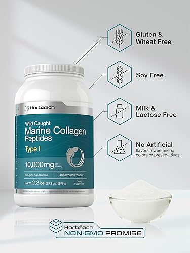 Miniatura 4 de Horbäach Polvo de colágeno marino de 2.2 libras | Péptidos de colágeno hidrolizados | Sin sabor | Keto, Paleo, sin OMG, suplemento sin gluten
