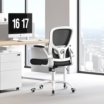 Ergonomic Office Chair High Back with Adjustable Lumbar Support, Mesh Computer Chair,Headrest and Flip-Up Arms for Executive, 90-120 Tilt Swivel Rolling Task ChairsWhite-black6076