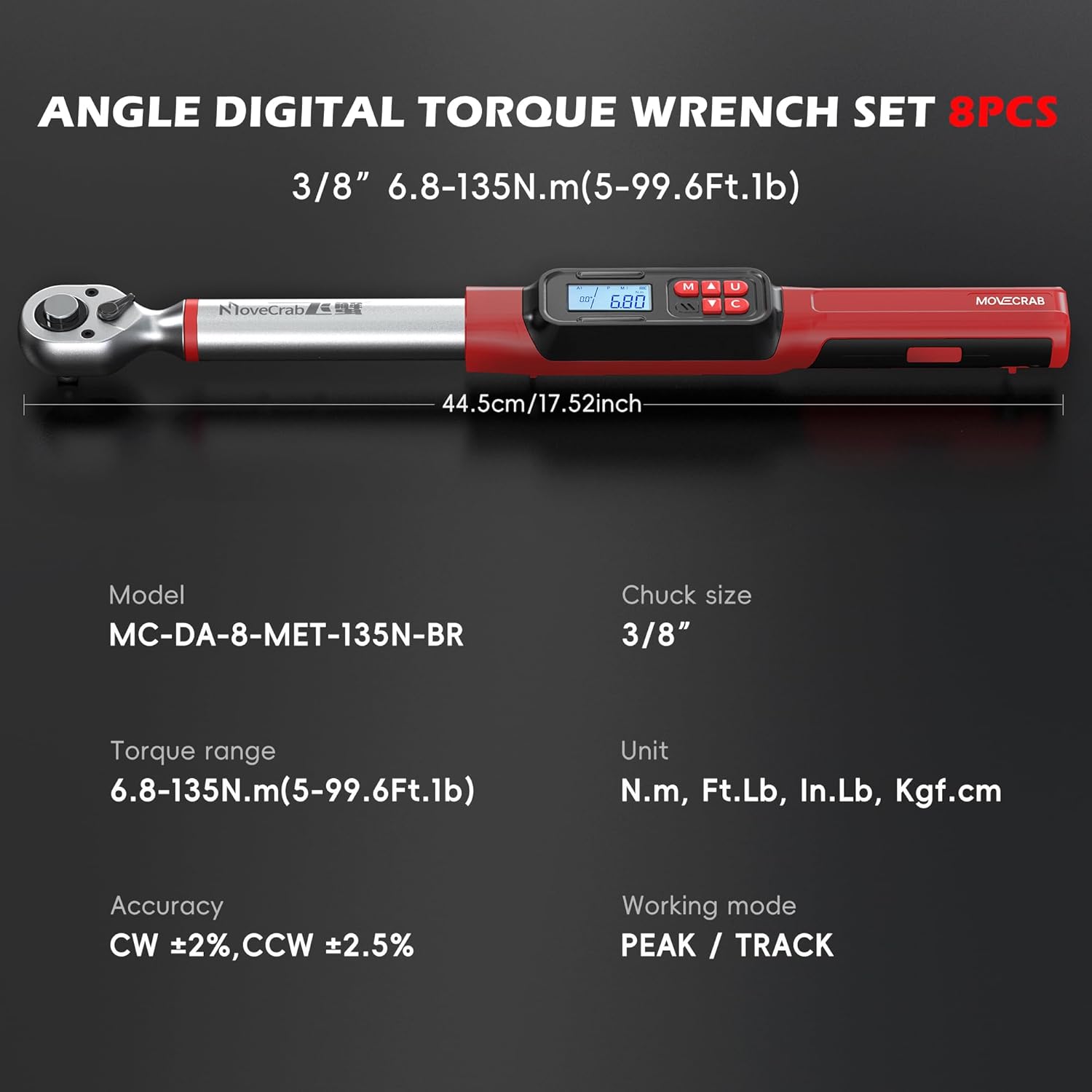 3/8" Drive Digital Angle Torque Wrench 5-99.6 Ft.lb (6.8-135 N.m), Angle Measurement 0.1° with LED Display & Buzzer, for DIY Auto Car Motorcycle Repair & Engineering