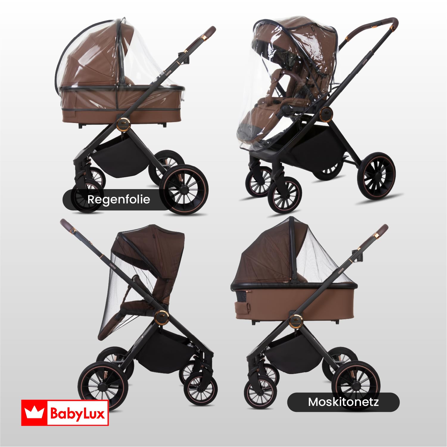 BabyLux® Kinderwagen 4in1 Set CASTOR, Faltbar Leicht Kombikinderwagen Set | incl. Babywanne, Reisebuggy, Kindersitz i-Size, Auto Basisstation, 4 Liegepositionen, 0-22kg, UV Schutz 50+, Vollgummireifen