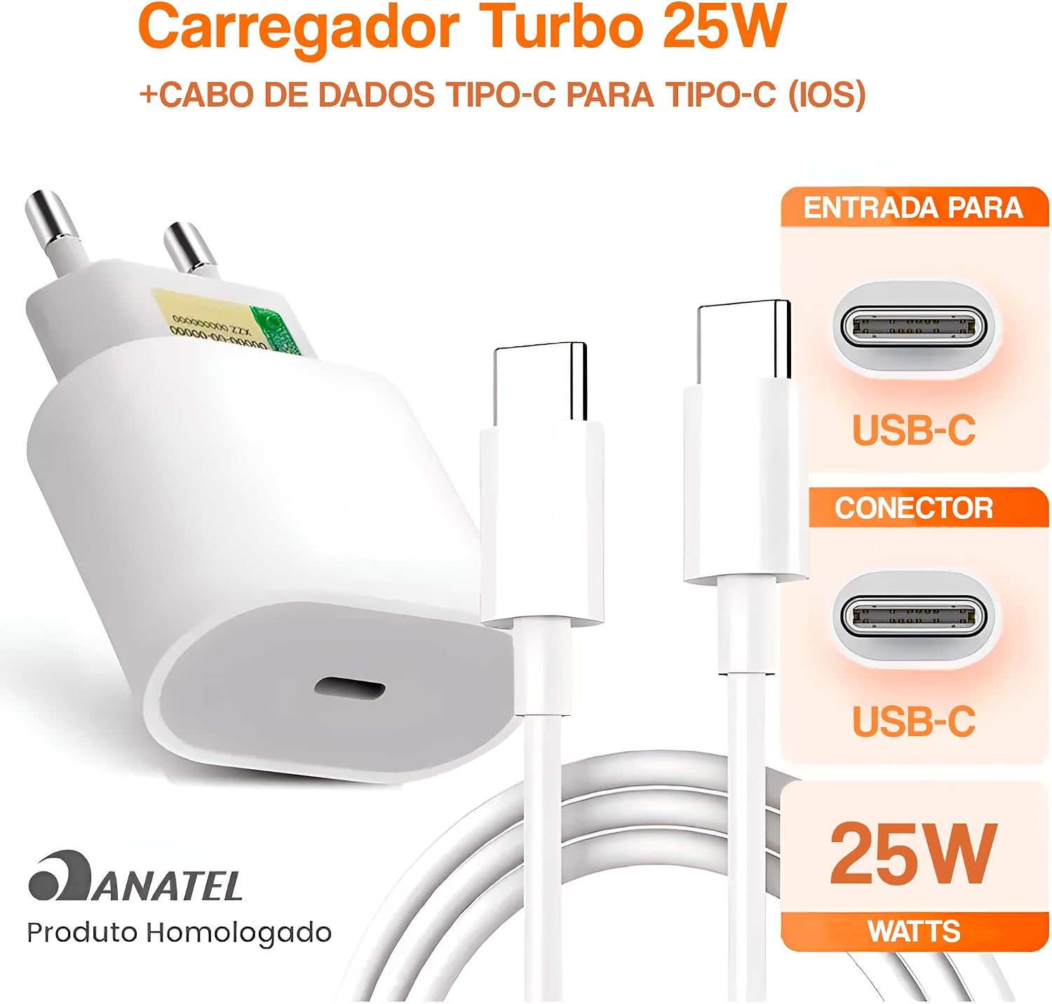 Carregador Turbo Compativel c/Novo iPhone 16, 16 pro, 16 pro max, 15, 15 pro, 15 pro max, Compativel c/Galaxy, IOS/Android, Fonte Carregador Entrada Tipo-C + Cabo USB-C Carregamento Ultra Rápido