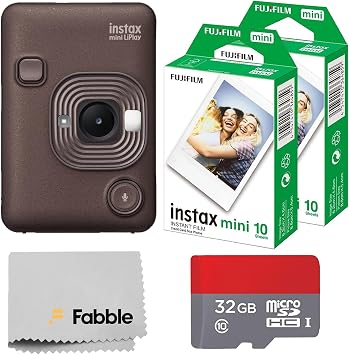 Fujifilm INSTAX Mini LiPlay Hybrid Instant Camera Bundle with 20 Sheets INSTAX Mini Film, 32GB microSD Card, USB Charging Cable, Hand Strap, Cleaning Cloth Deep Bronze