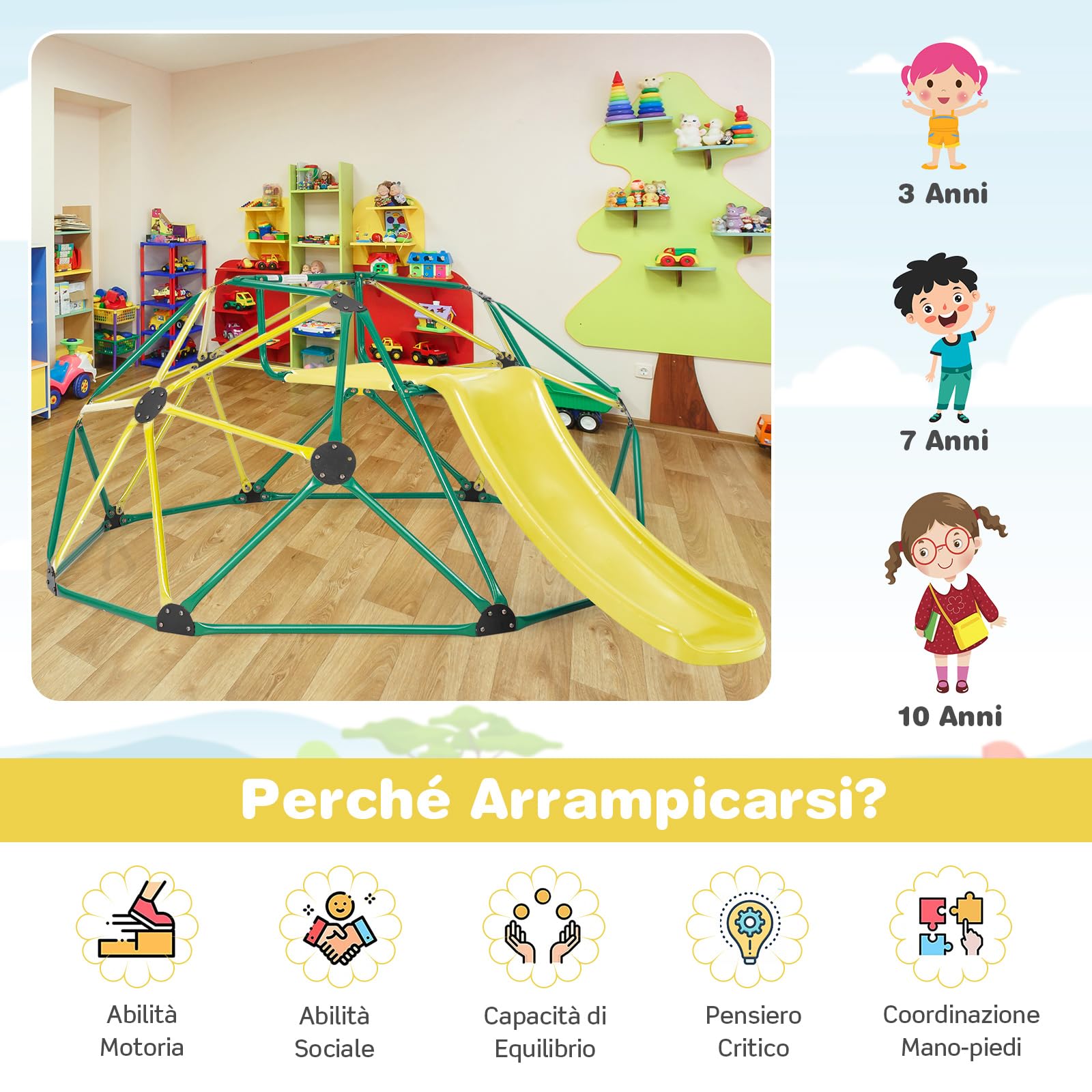 COSTWAY Cupola di Arrampicata, Struttura per Arrampicata con Scivolo, Capacità di Carico di 180 KG, per Bambini da 3 a 10 Anni, Ideale per Palestra, Cortile e Giardino (Verde+Giallo)