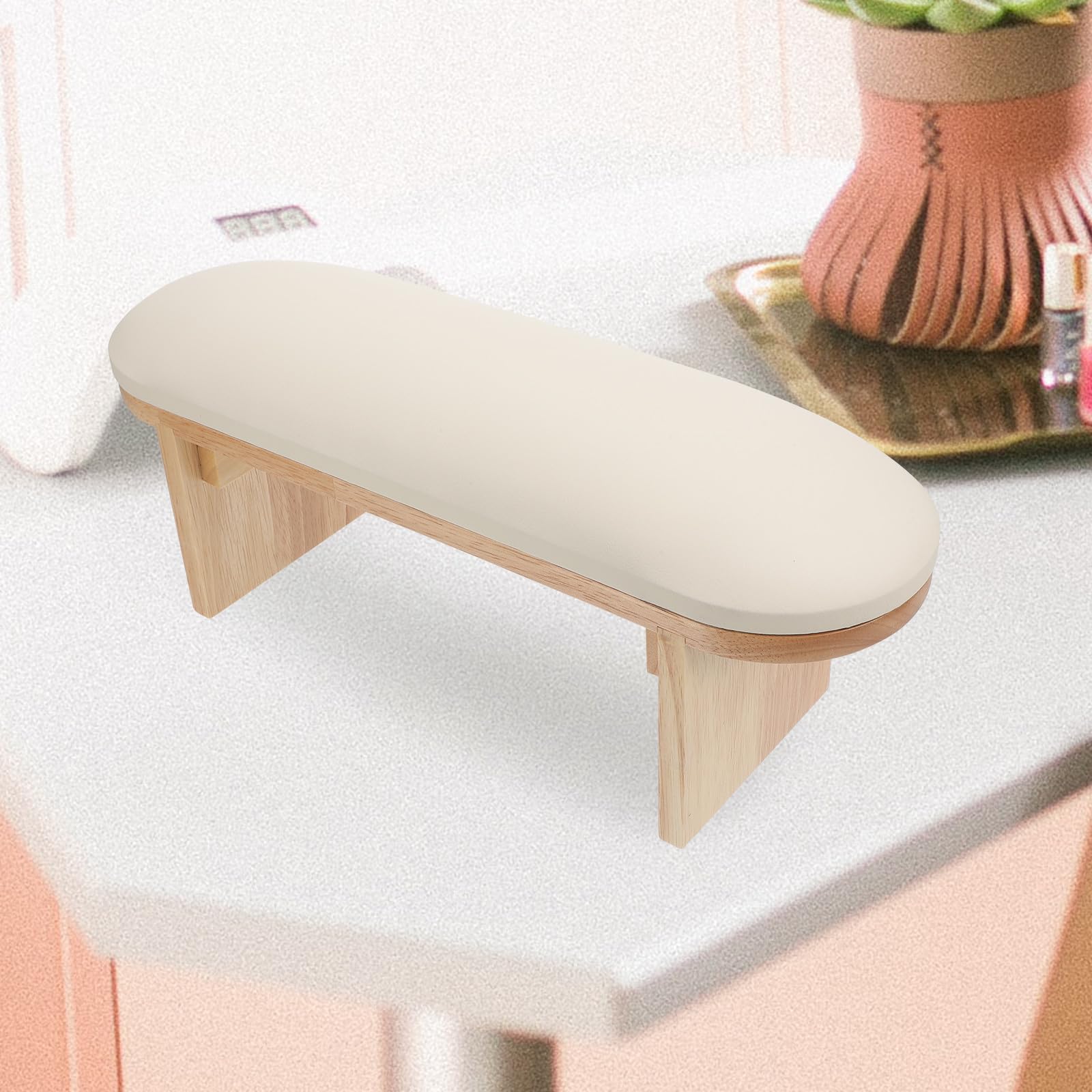 Poggiamano per Pu Beige, Cuscino e Unghie in Legno Base Supporto Polso Confortevole Manicure Uso in Nail Salon e Lampade