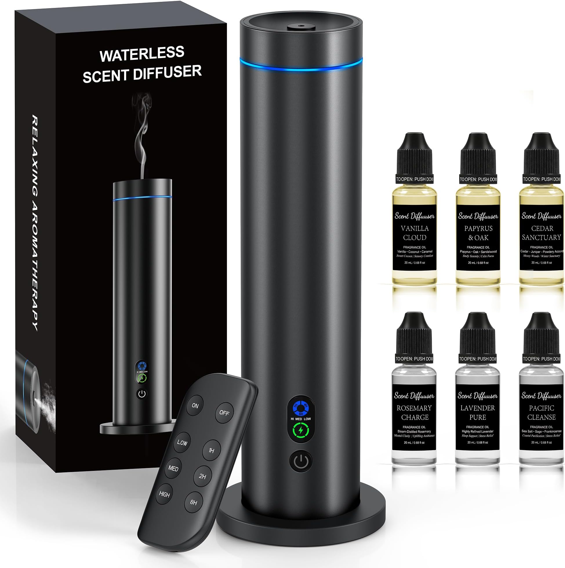 Waterless Diffuser, 1000 Sq.Ft Coverage, Essential Oil Diffuser– Plug-in Only, Remote Control, Adjustable Mist Mode, Mood Lights Aromatherapy Diffuser for Home, Large Room, Office, Hotel, Black