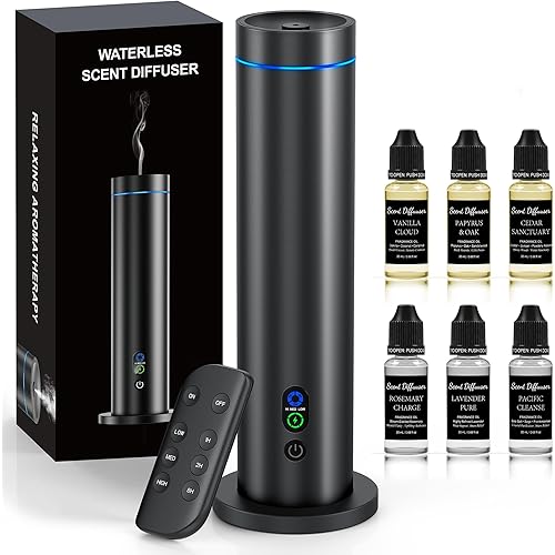 Waterless Diffuser, 1000 Sq.Ft Coverage, Essential Oil Diffuser with Tilt-Safe, Remote Control, Adjustable Mist Mode, Mood Lights Aromatherapy Diffuser for Home, Large Room, Office, Hotel, Black