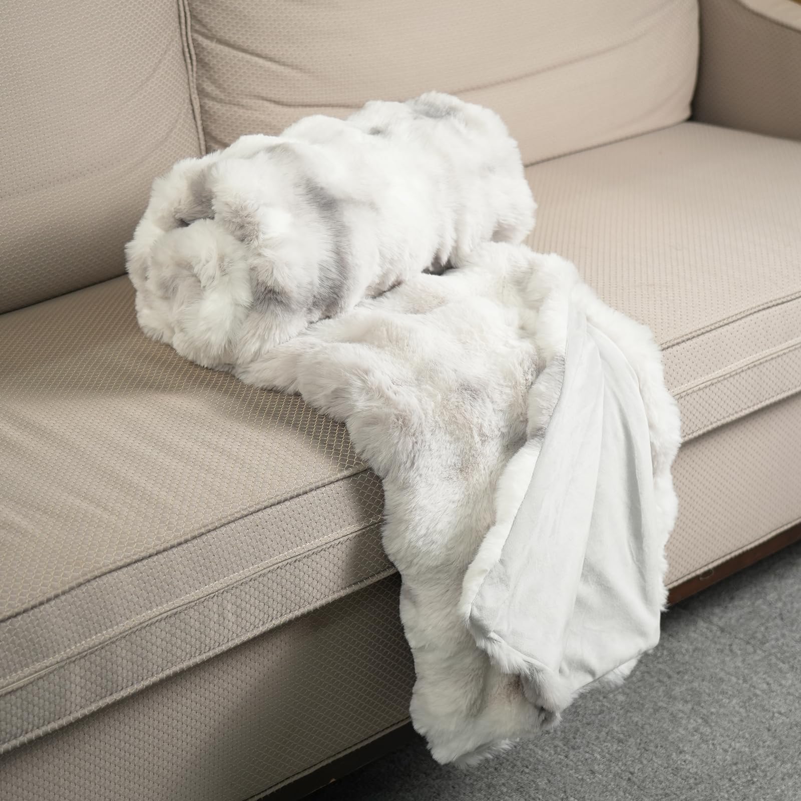 DREAMLANDING Manta reversible de lujo de piel sintética de conejo de peluche Sherpa, suave, cálida, cómoda y mullida para cama, sofá, decoración del hogar (gris tie-dye, 150 x 200 cm)