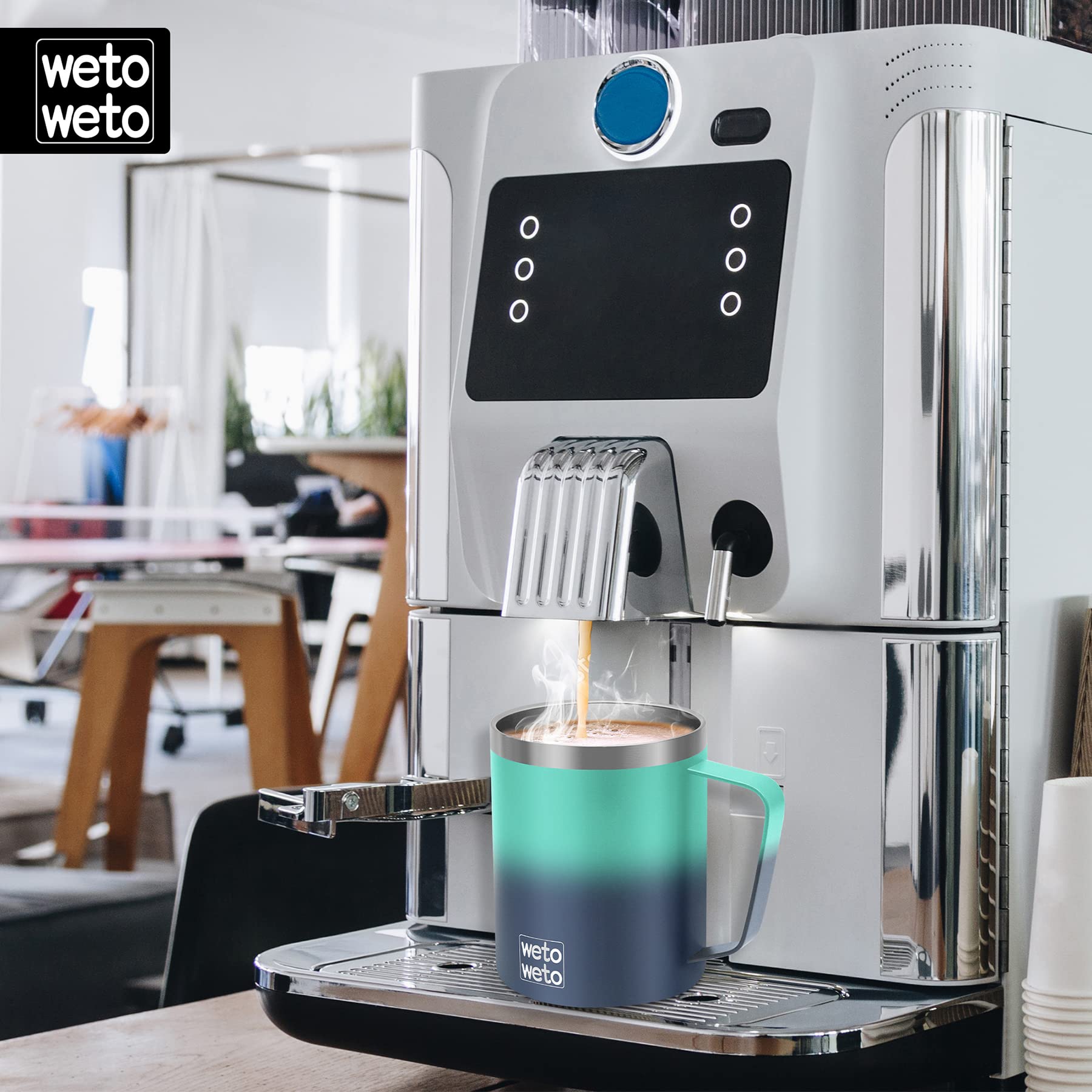 WETOWETO Juego de tazas de café de 14 onzas, taza de camping aislada al vacío con tapa, vaso de viaje de acero inoxidable de doble pared, taza de café al aire libre, océano secreto recubierto de polvo