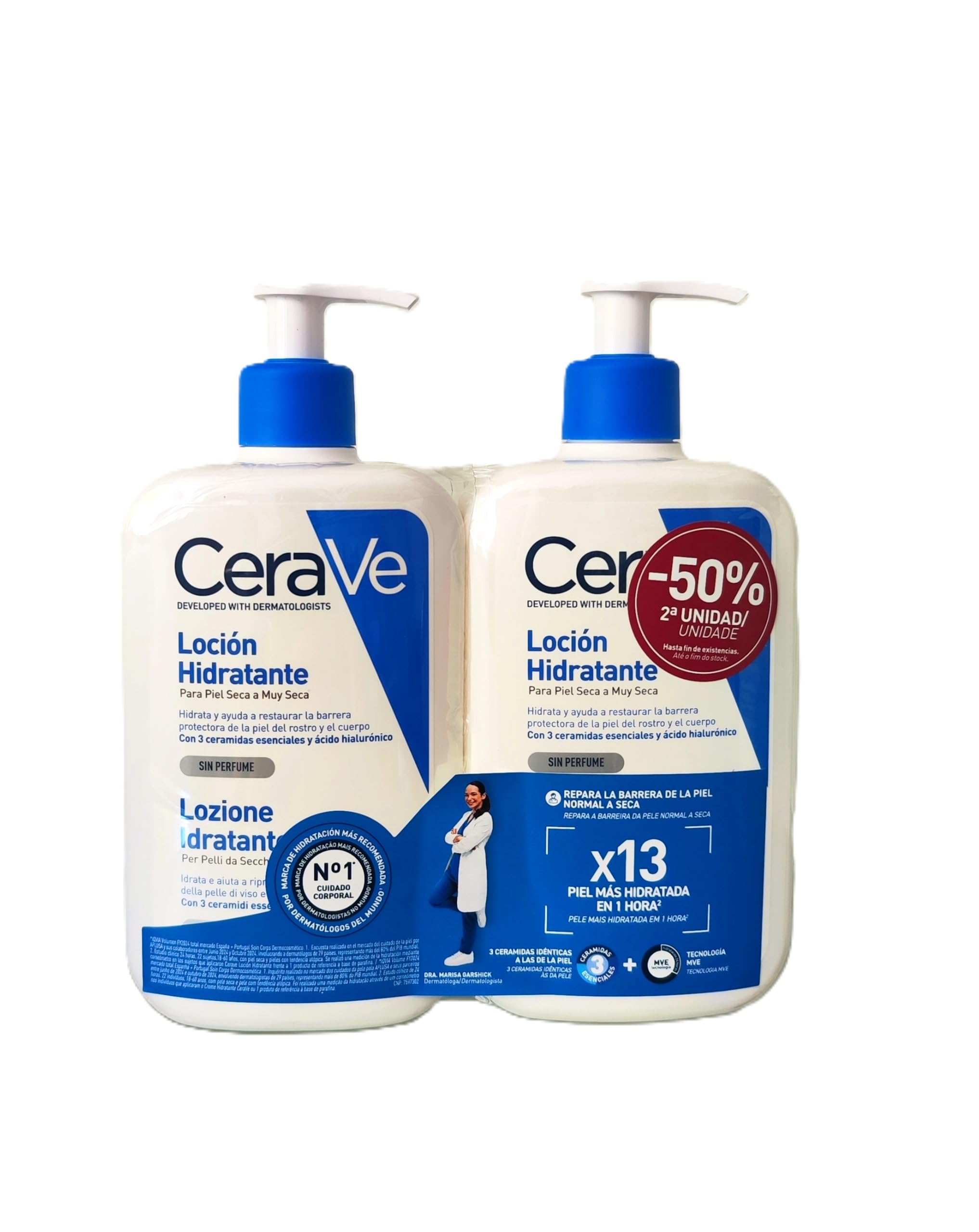 Cerave Lotion hydratante visage et corps pour peaux normales et sèches avec 3 céramides essentiels et acide hyaluronique - 2 flacons de 473 ml chacun