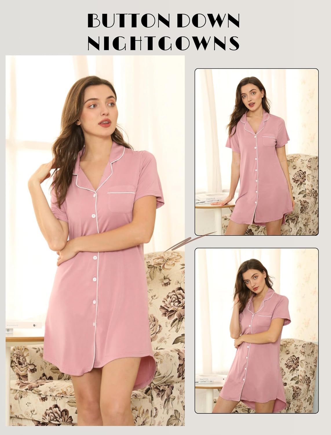 Samring 2 Pack Nightgowns for Women Short Sleeve Sleepwear Button Down Nightshirts Sleep Shirts Boyfriend Pajama Dress - Image 3