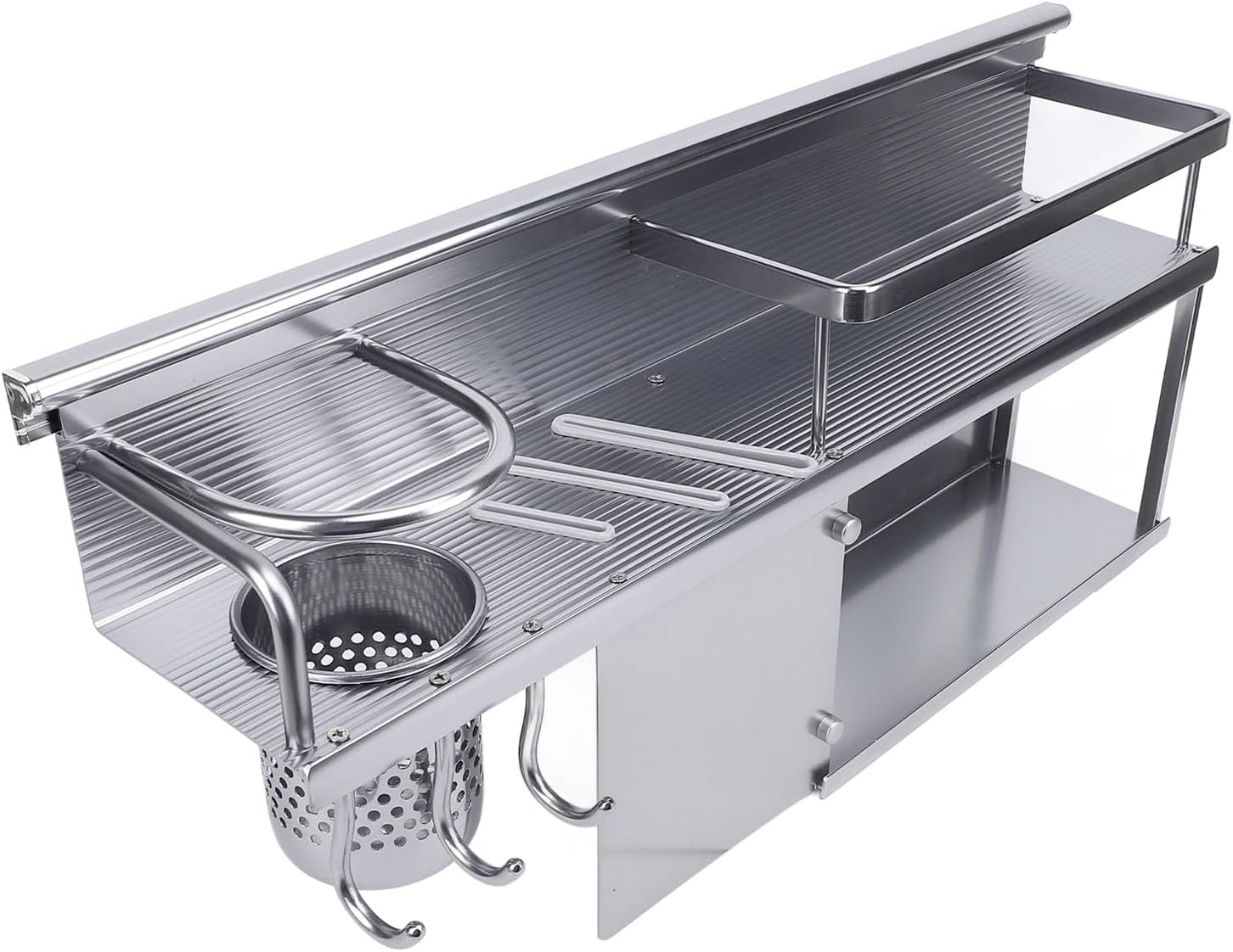 Wall Mounted Rack, Shelf, Grey Aluminum Alloy Utensil Storage with Chopsticks Tube and Hanging Rod, Space Saving Rack for Countertops and Drawers