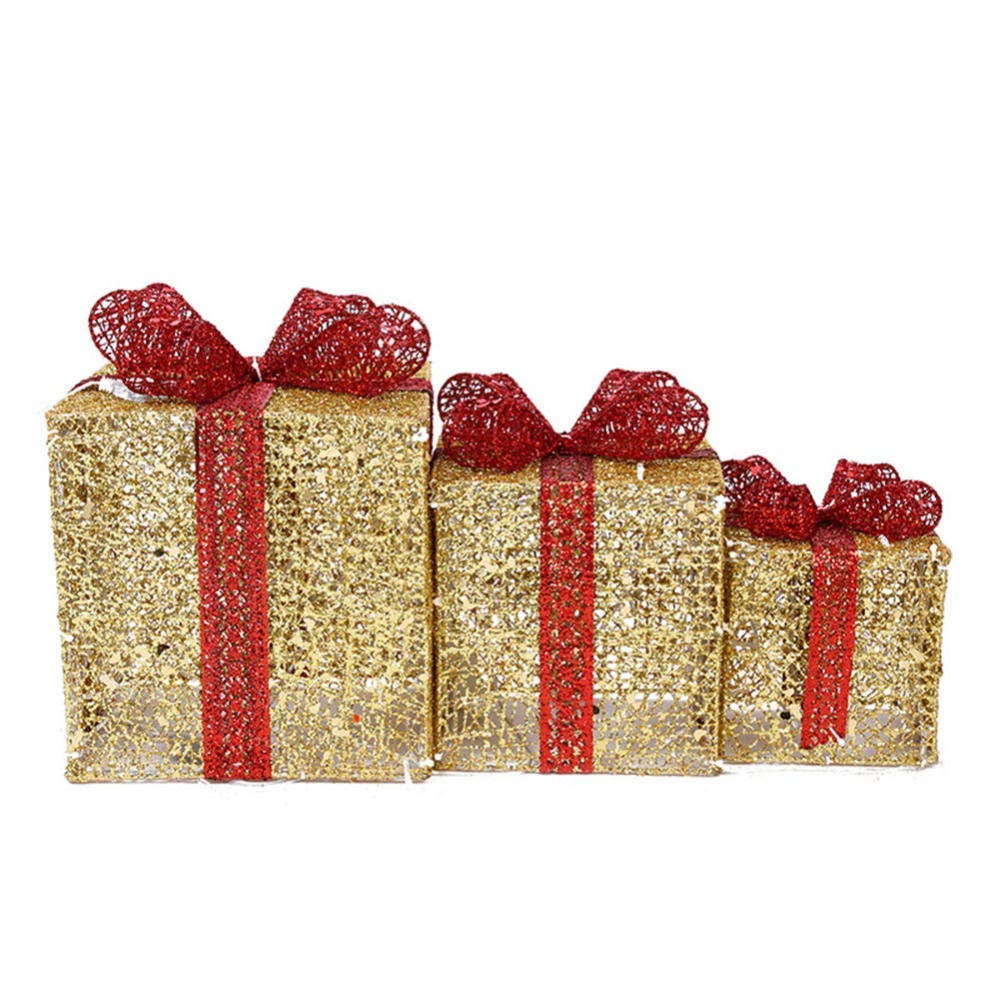 Cajas de regalo para Navidad, Juego de 3 cajas de regalo LED con iluminación decorativa navideña, hierro con lazo, juego de paquetes navideños cálidos(Gold)