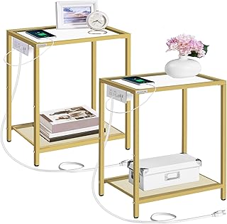 MAHANCRIS Side Tables with Charging Station, Set of 2 End Tables with USB Ports & Power Outlets, Bedside Table for Small Space, 2-Tier Nightstands with Tempered Glass Top, for Bedroom, Gold ETJ24K01S2