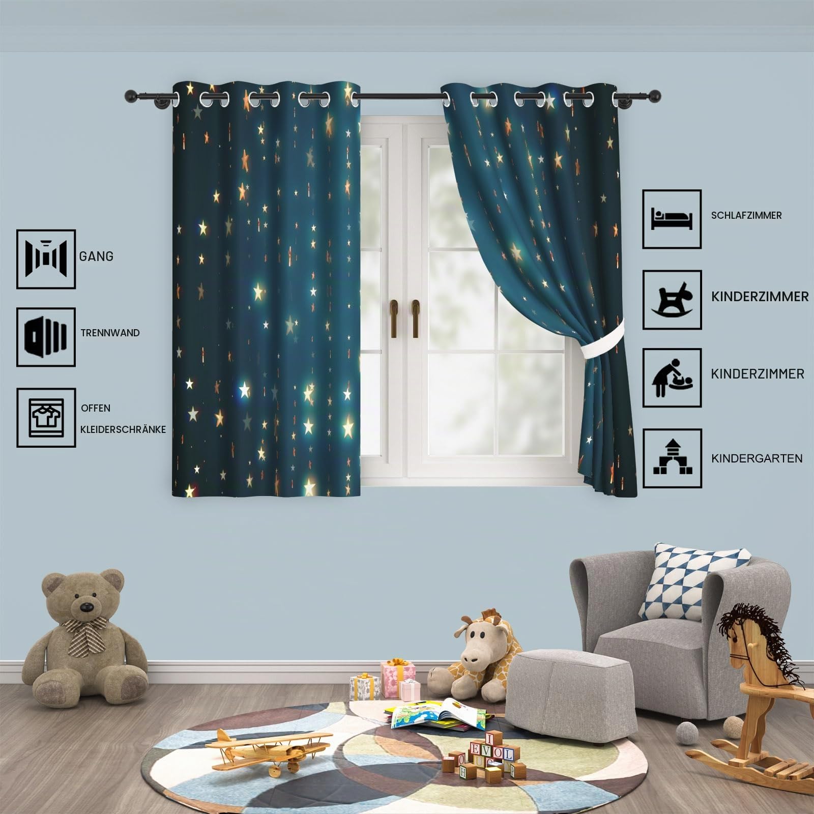 YONGFOTO Weltraum Verdunkelungsvorhänge Kinderzimmer Jungen Sterne Blau | Goldene Funkelnde Sterne Blickdicht Thermogardinen für Schlafzimmer mit Ösen 2 Paneele 140 x 229 cm