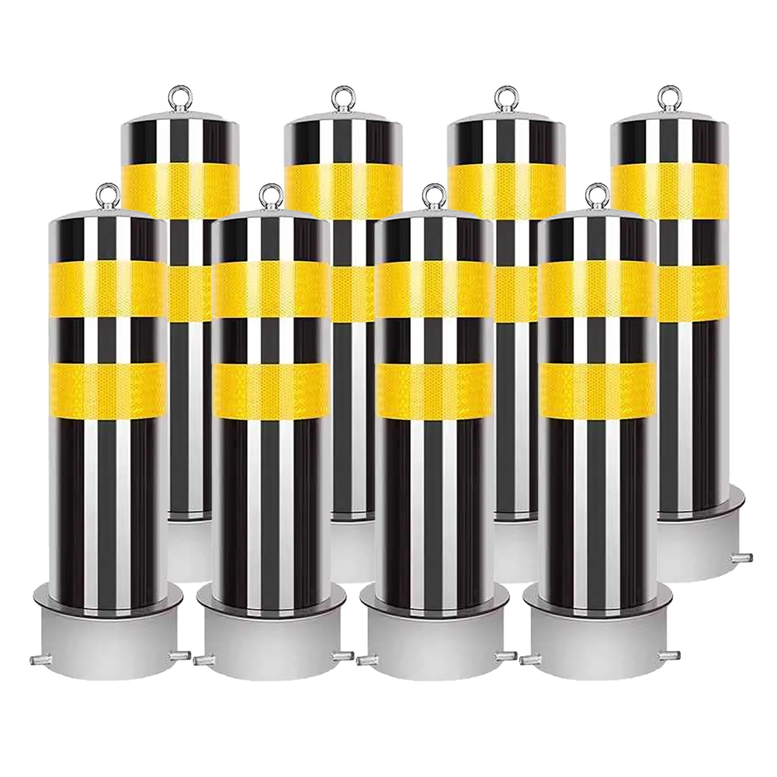 Aioneer Reflective Yellow Steel Safety Bollards - 8Pcs Removable Posts For Driveways, Parking Lots & Sensitive Areas - Durable Embedment Sleeve For Enhanced Visibility