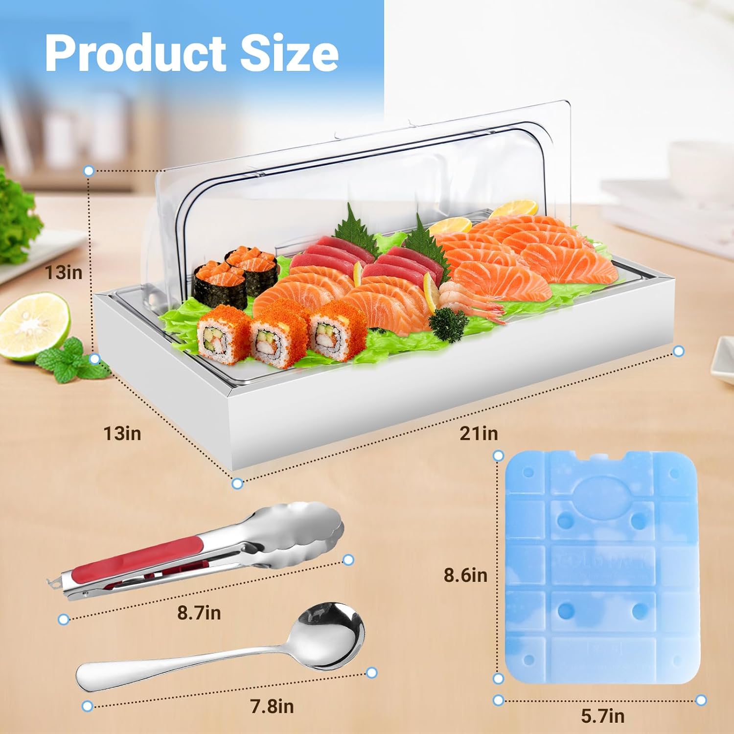 Countertop Ice Food Serving Display Tray, Portable Salad Bar Buffet Station for Home, Stainless Steel Cold Food Buffet Server with Clear Roll Top Cover, 3 Ice Packs