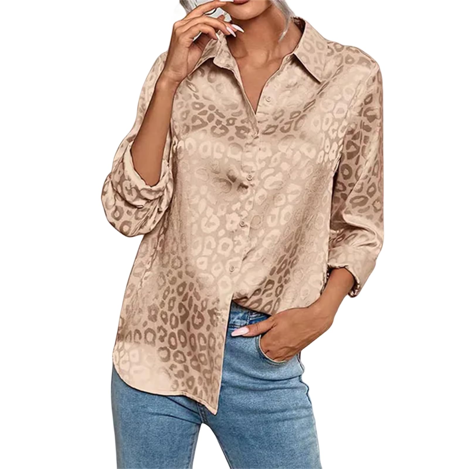 Bluse Damen Frauen Elegante Leopard Print Lose Bluse Frühling Sommer Langarm Satin Revers Shirt-e-s