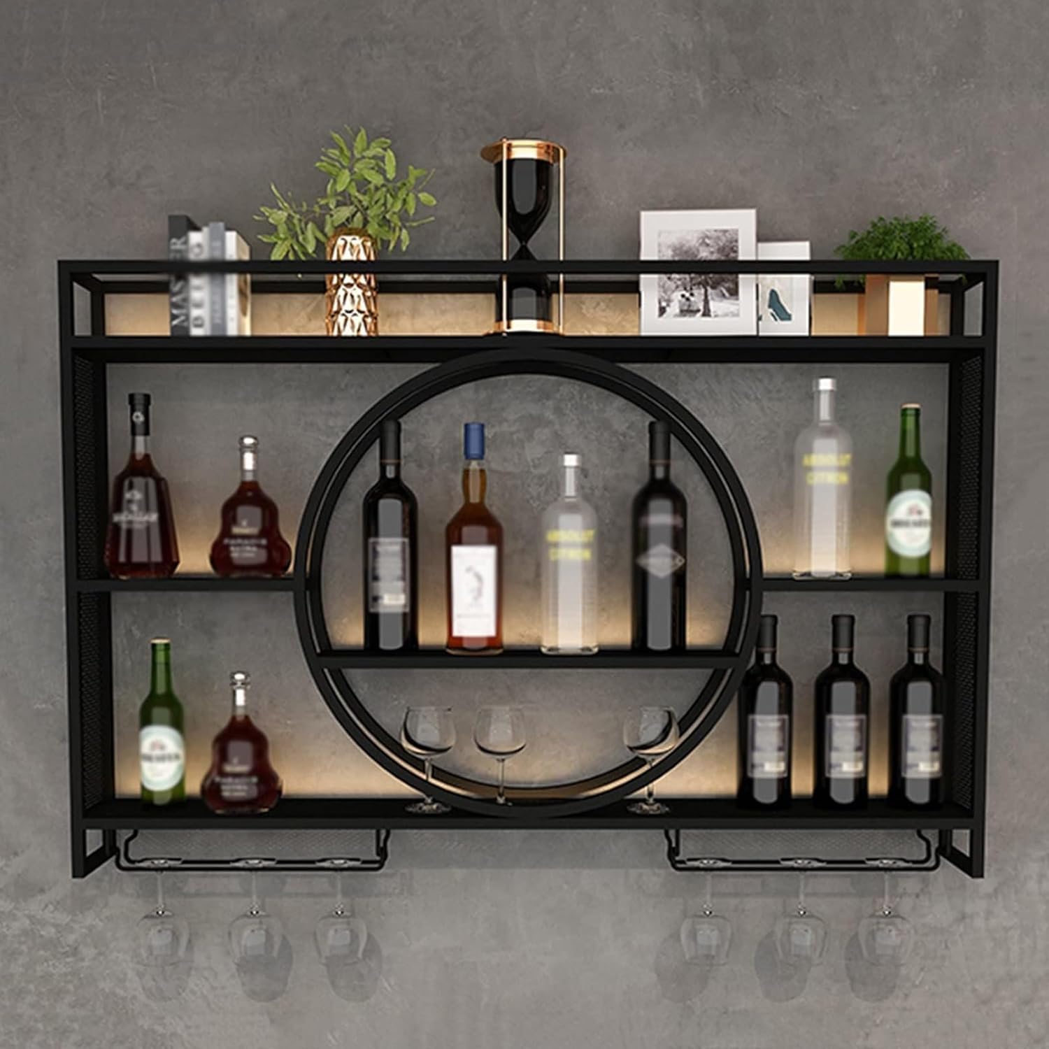 Porte-Bouteilles Mural avec Porte-Verre, Casier à Vin en MéTal, Bars Modernes Porte-Vin éTagèRes Flottantes en Verre, Etagere Murale Range Bouteille Vin pour Cuisines, Bar (Noir,100x15x80cm)