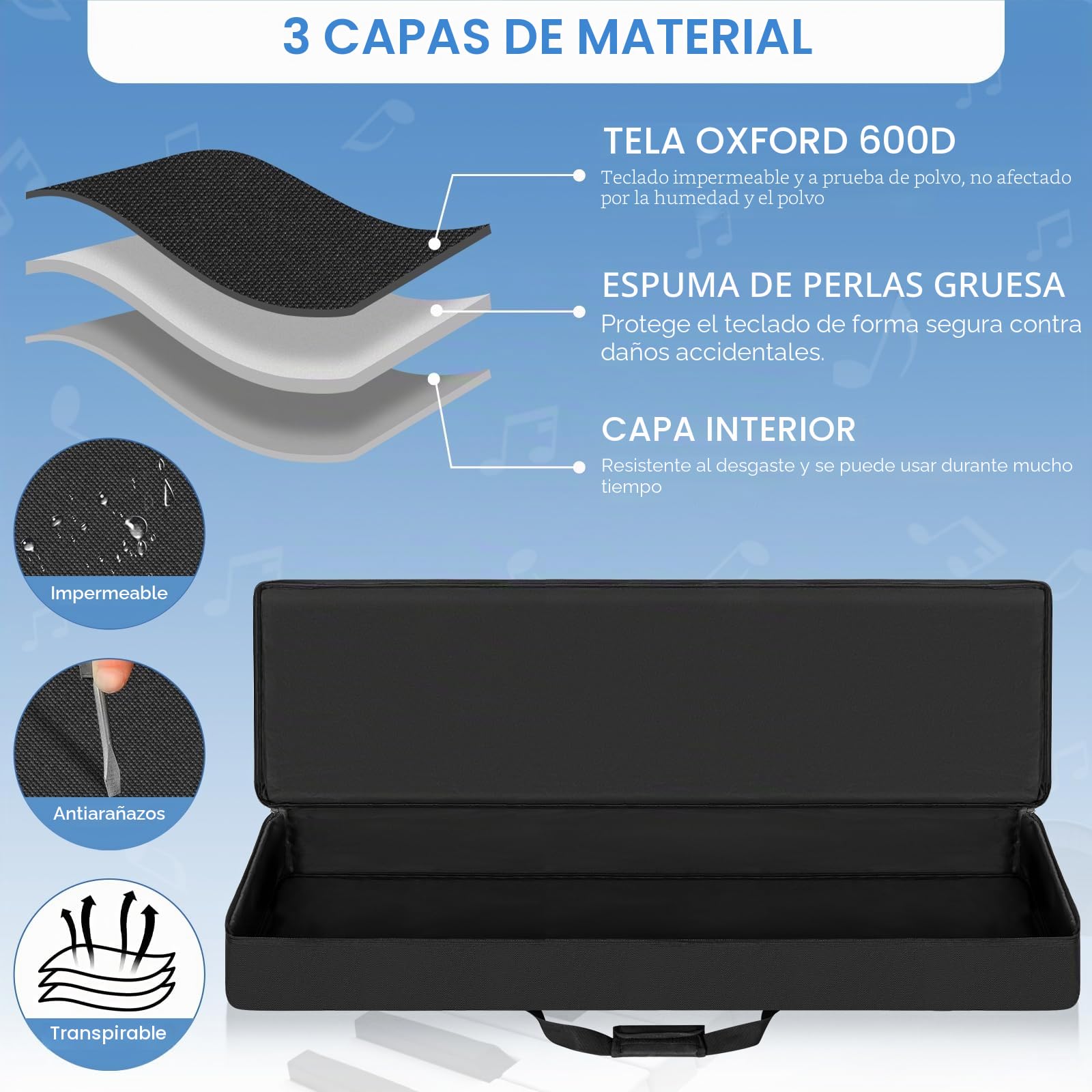 OUUTMEE Funda para Teclado Dos Maneras de Llevarla,Funda para Teclado Piano,Tela Oxford 600D Resistente al Agua para Piano,Negro, Negro , 88 Tasten