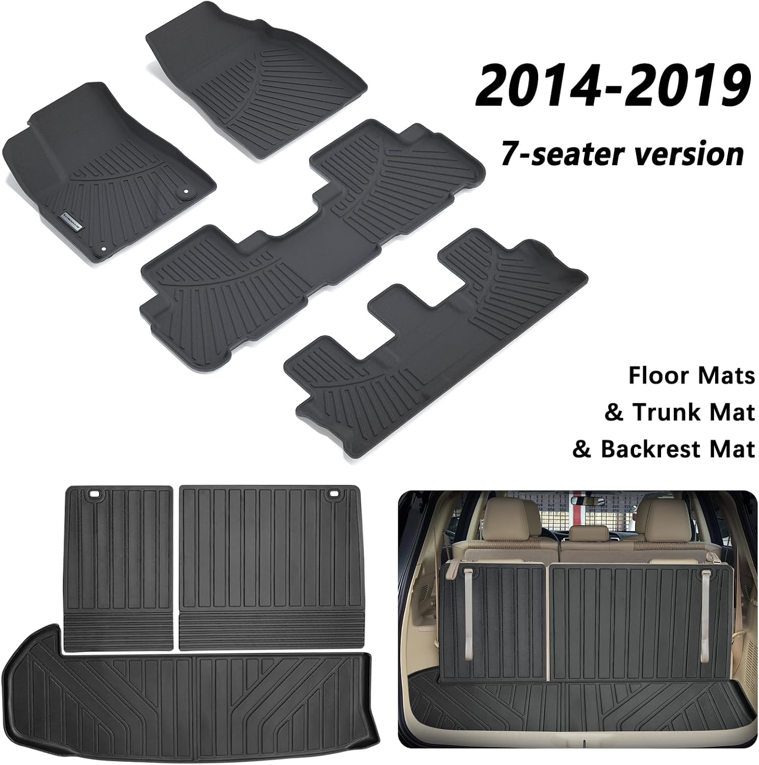 Floor Mats & Cargo Liners & Backrest Mat for 2014-2019 Toyota Highlander 7 Seats TPE All Weather Protection Car Floor Mats with Trunk Mat Covering The Backrest
