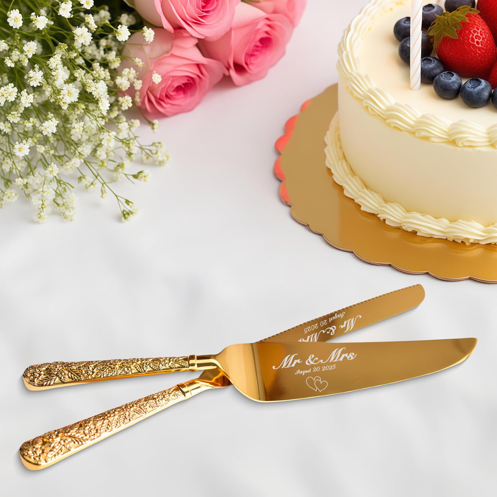 Set di 2 pezzi per tagliare e servire la torta nuziale, personalizzabile, in oro, con coltello e paletta per torta incisi in stile vintage, elegante set per compleanni, anniversari, coppie, Natale.