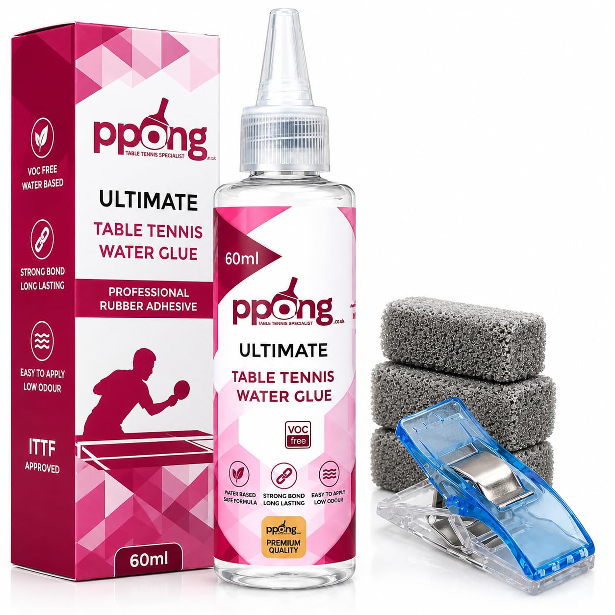 PPong Table Tennis Glue 60ml – Professional Water Based Ping Pong Rubber Adhesive – VOC Free Table Tennis Bat Glue with Applicator Sponges for Racket Rubber Replacement