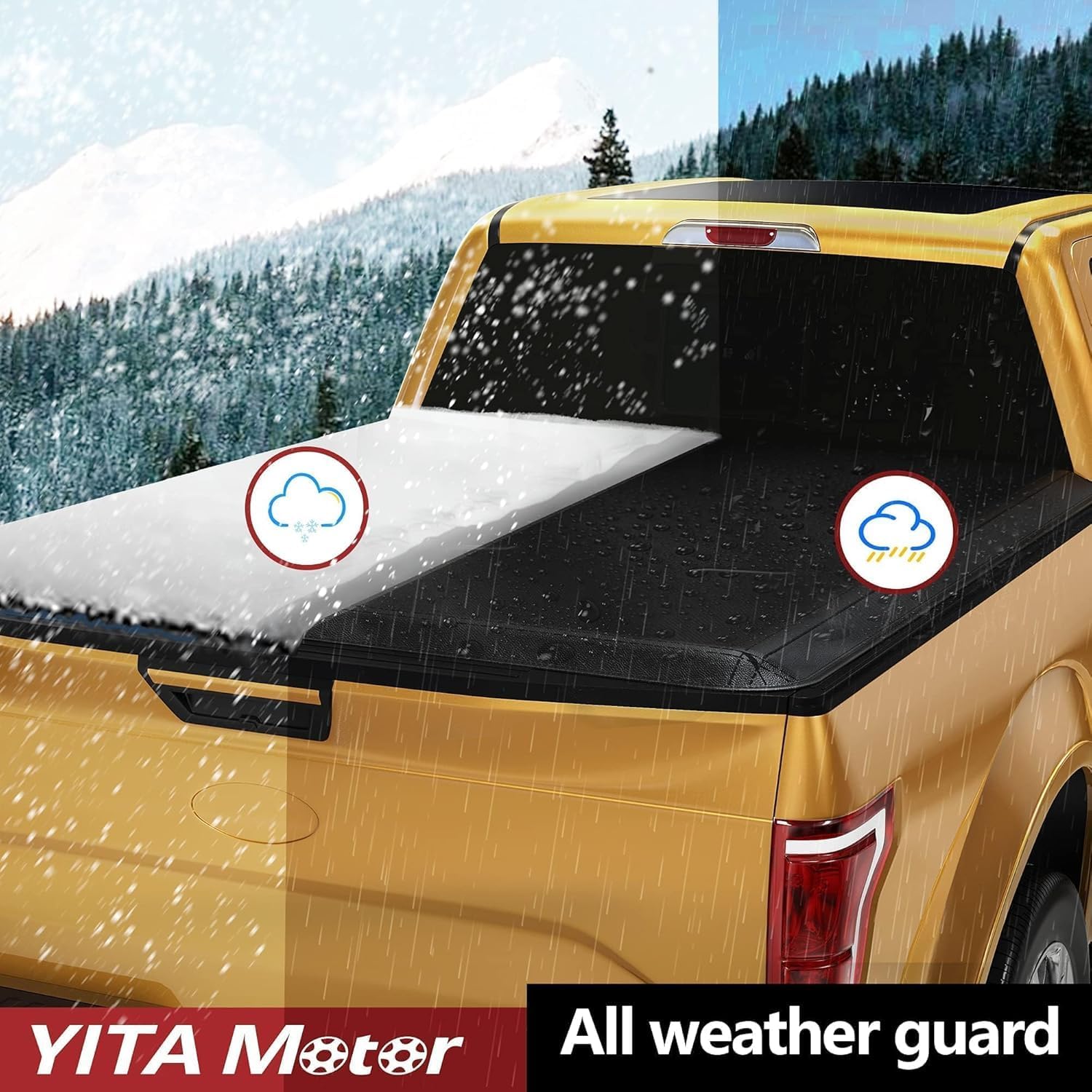 Image depicting a truck bed tonneau cover protecting against snow and rain, illustrating all-weather guard features.