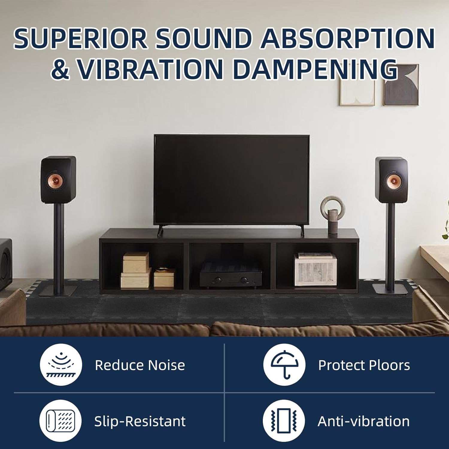 20 Pieces Sound Absorbing Interlocking Floor Mats, 11.8 x 11.8 x 0.4 inches High Density Felt Soundproof Pads Non-Slip Anti Vibration Puzzle Acoustic Blankets Piano Carpet Drum Rug, Black