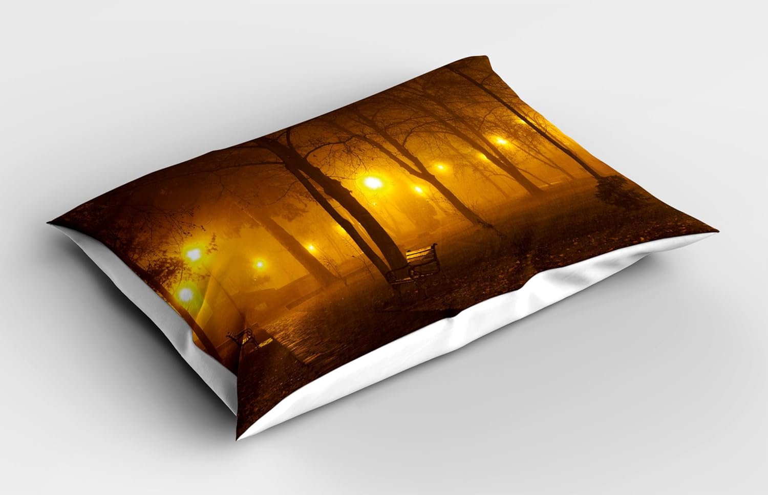Ambesonne Fall Pillow Sham Set of 2, Foggy Evening in The Park Autumn Season Nature Outdoors Misty Peaceful View, Quality Microfiber Bedding Item for All Seasons, 30" x 20", Marigold Caramel