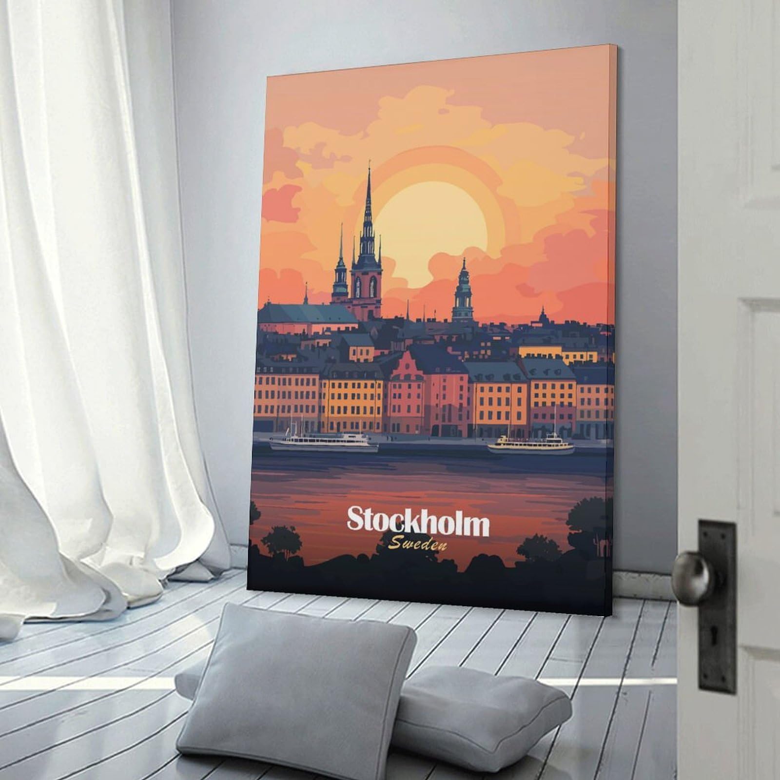Junmoney Stockholm Sunset Skyline Home Decor Wall Art, 08x12inch(20x30cm), for Bedroom, Lounge Or Dressing Area, Canvas Wall Decor for Personal Spaces