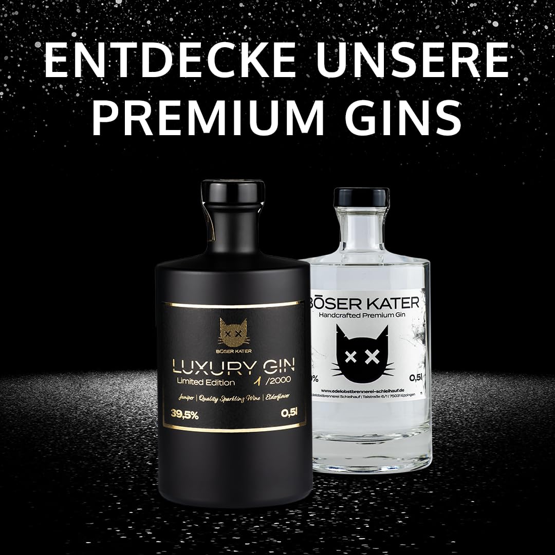 BÖSER KATER Luxury Gin in hochwertiger Flaschendose | Limited Edition 0,5l | Wacholder trifft Qualitätsschaumwein | Limitiert auf 2000 Flaschen weltweit | Von Hand in Gold beschriftet 39,5% vol.