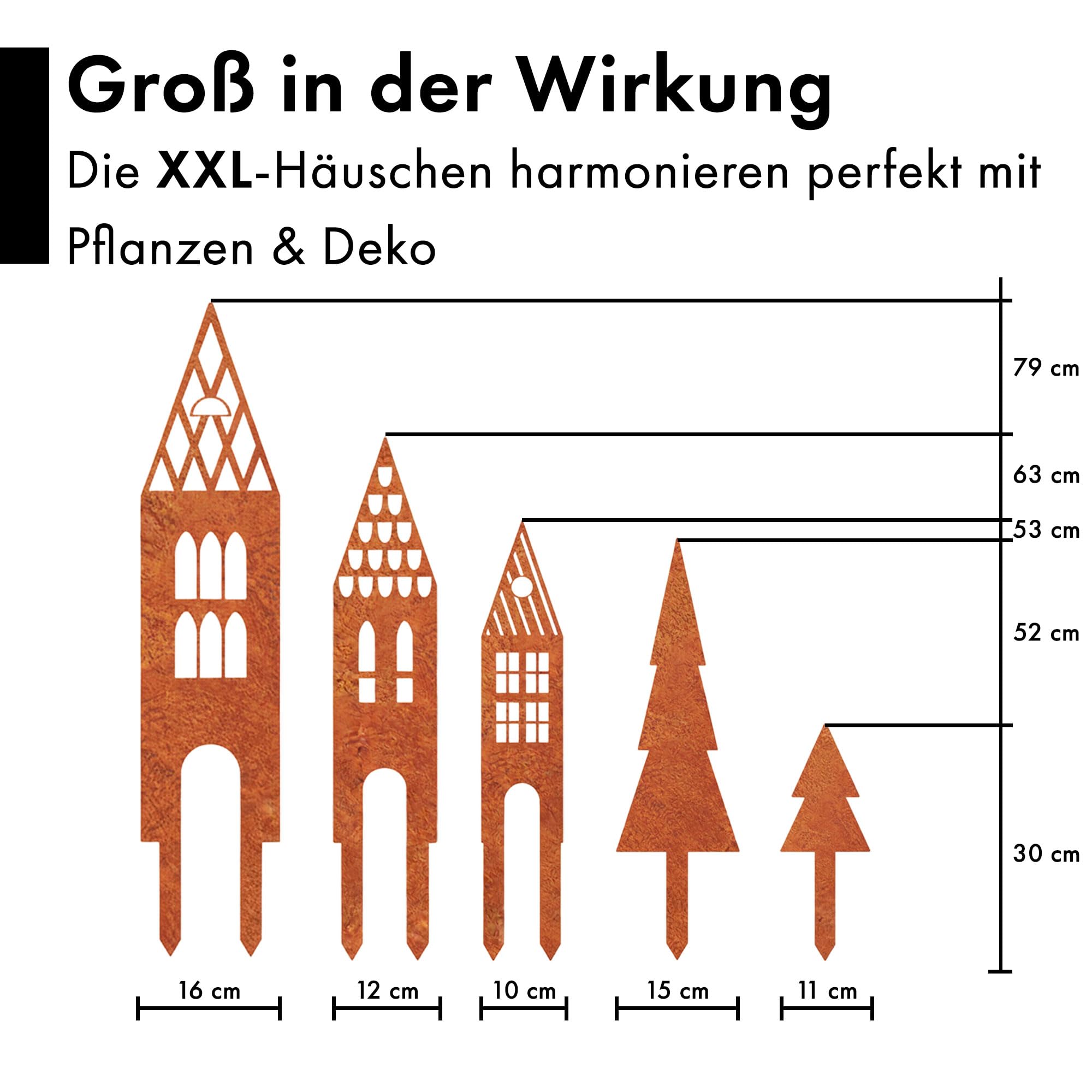 EXTRAVAGANT Gartenstecker Häuser-Set XXL, wetterfest, Edelrost, 5er-Set | Handgefertigt in Deutschland, Gartendekoration, dekorative Rostpatina, aus Metall, für Beet und Terrasse