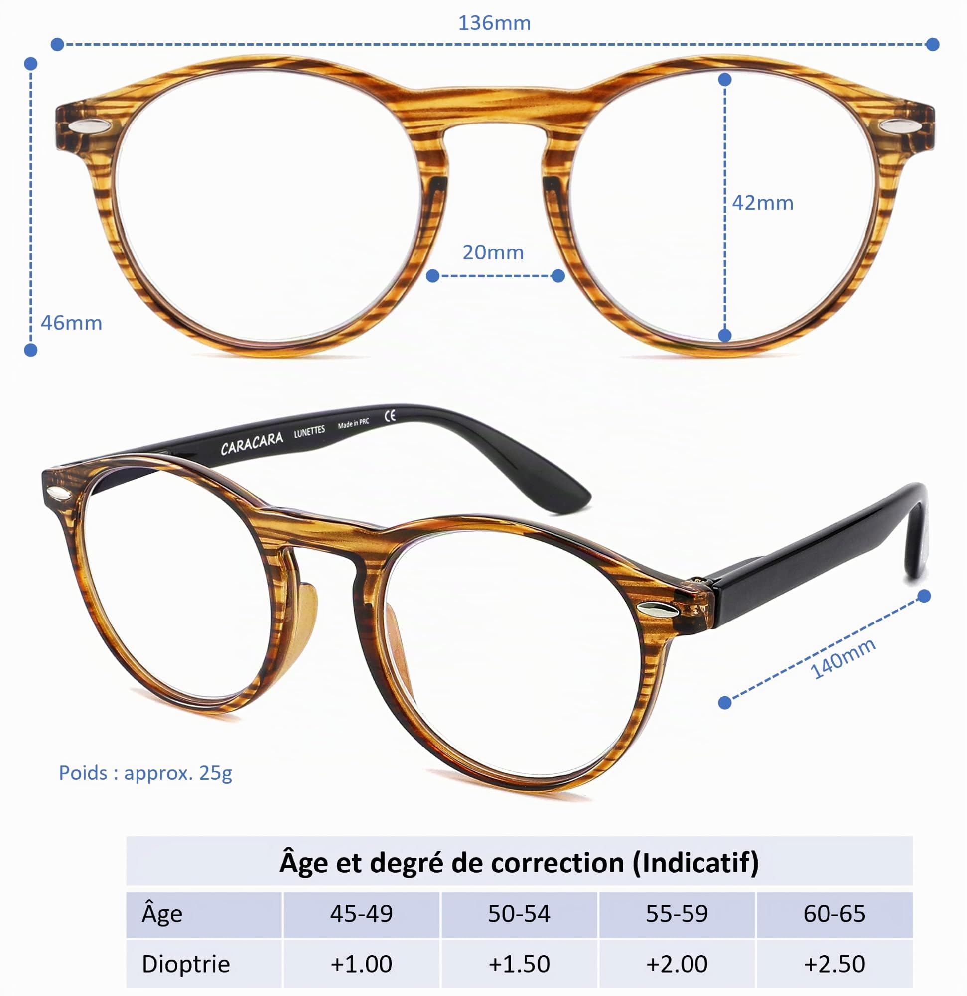 Caracara Lunettes Anti lumière bleue - Lunettes loupe de lecture - ANTI BUÉE OFFERT - Lunettes de lecture avec accessoires - Lunettes de vue Femme et Homme (Striped, Grossissement +2,00)
