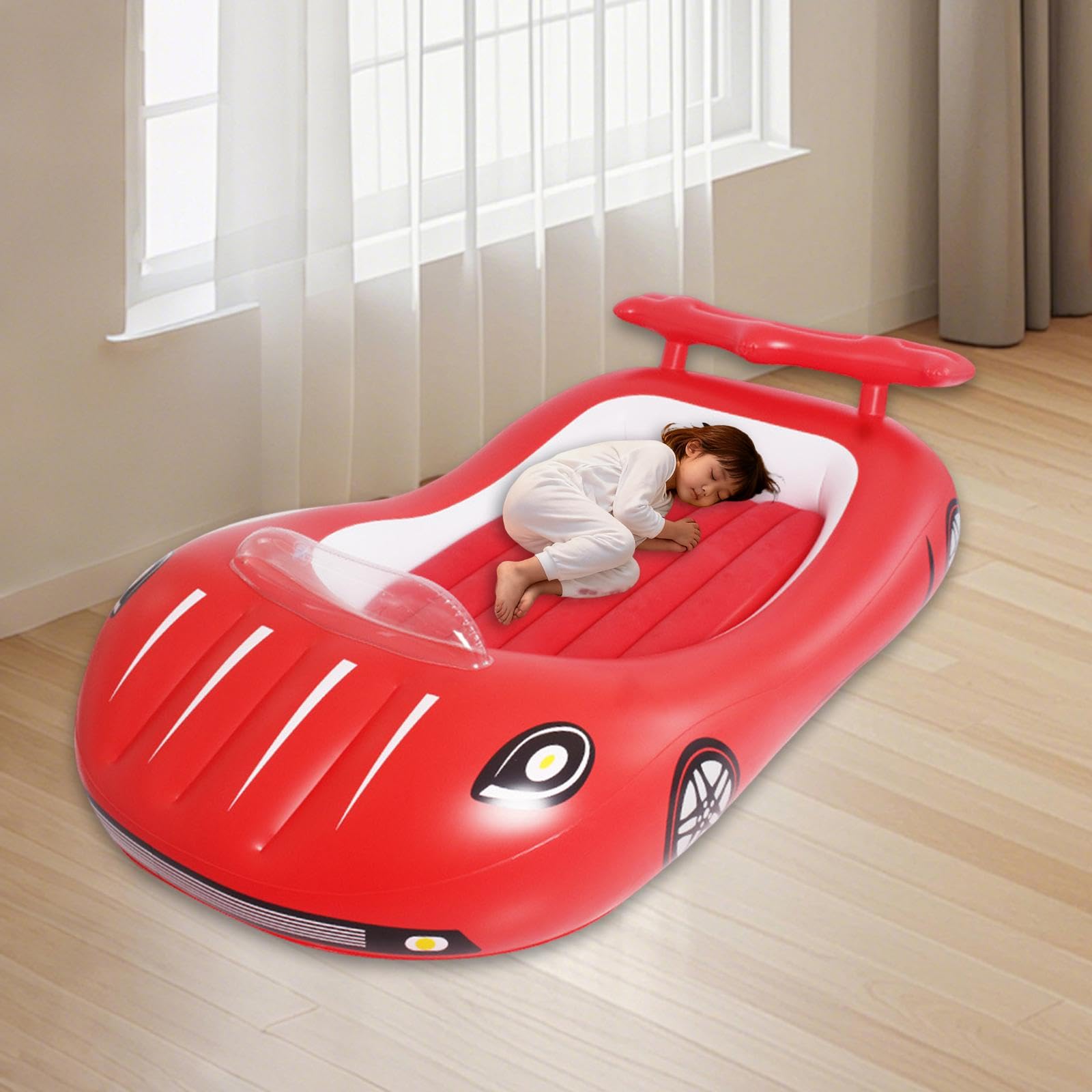 Letto Gonfiabile Bambini Materasso Ad Portatile Morbido PVC Forma Macchina con Ampio Spazio E Sponde Laterali Adatto a Sonno Gioco Casa, Rosso