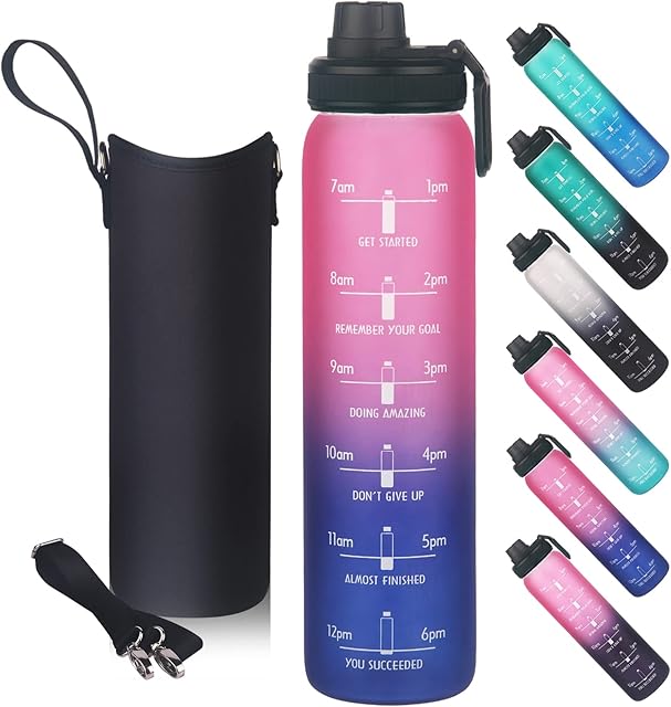Seekua Sport Borosilicate Glass Water Bottle 1 Litre, BPA-Free Leak Proof Motivational Glass Drinking Bottle with Neoprene Sleeve for Gym, Yoga, Outdoor, Camping